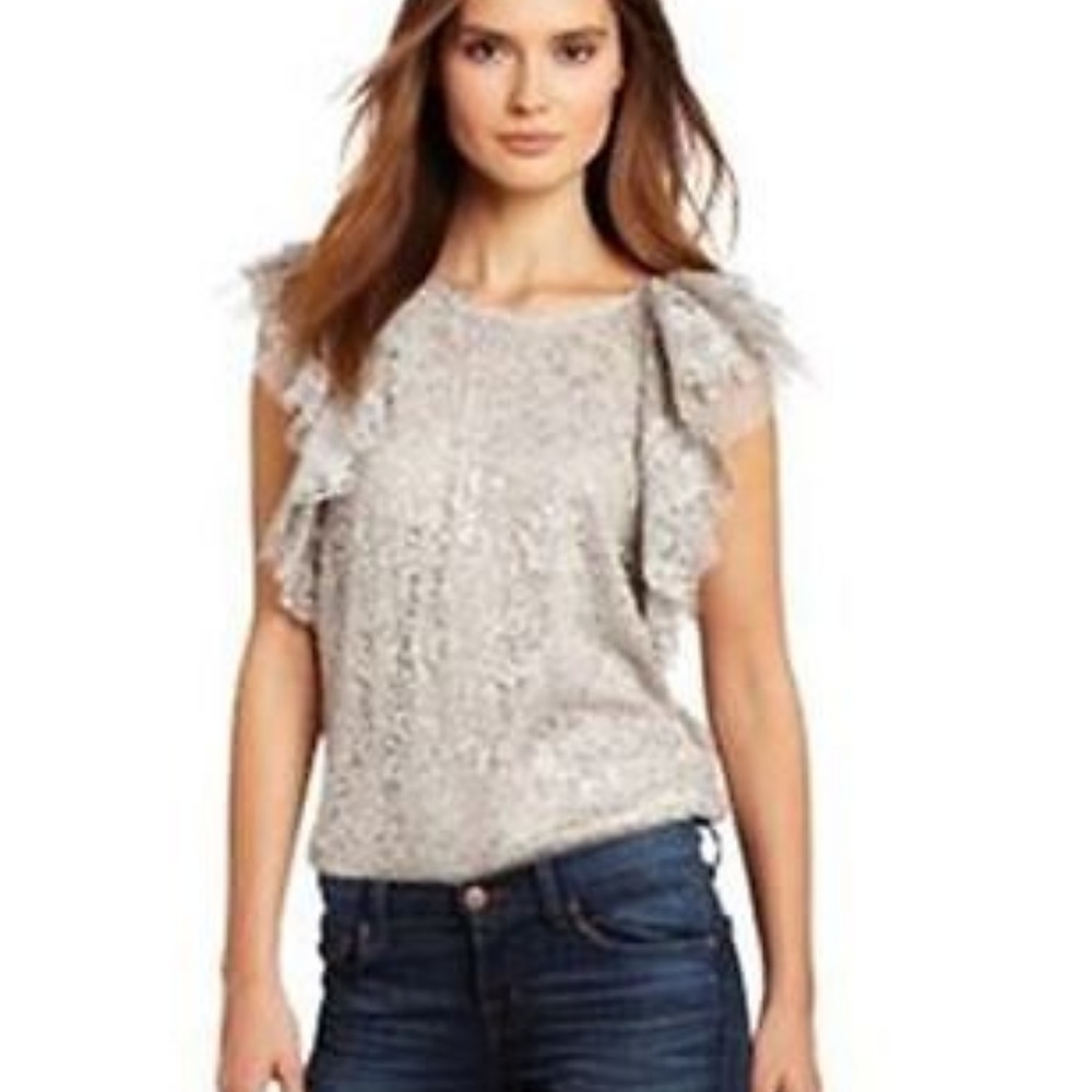 BCBGMaxAzria "STEACY" silver lace ruffle top